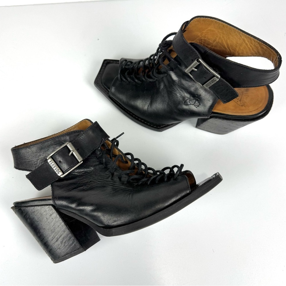 John Fluevog Lace Up Black Leather Shoes Open Toe Heels & Buckle Sz 7 Whimsigoth